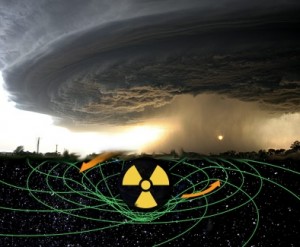 Storm gathering above a frame-dragging diagram with nuclear symbol substituted for Earth