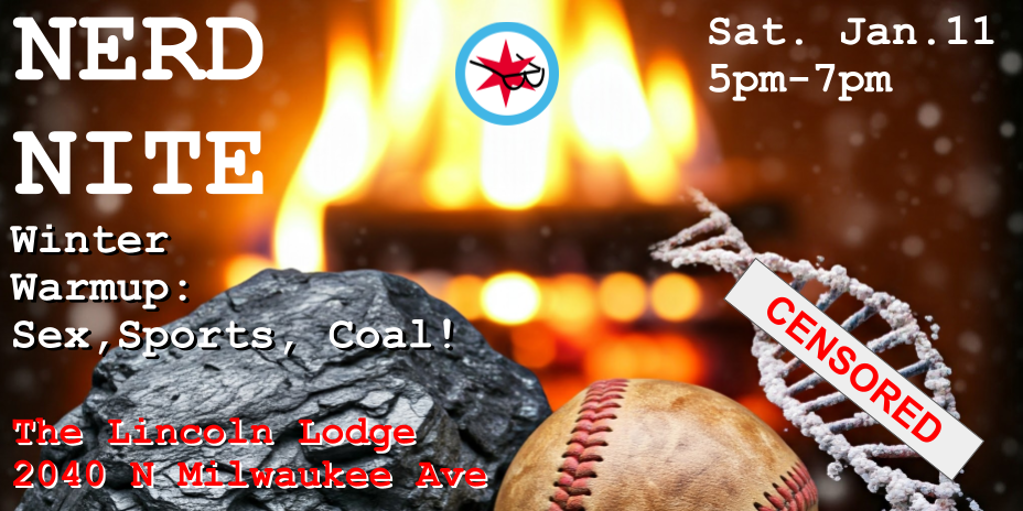 An image of a lump of coal, a well-worn baseball, and a DNA double helix with a fireplace in the background and snow falling. Text reads: NERD NITE